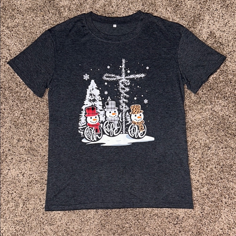 Charcoal “Faith Hope Love” Snowman Graphic T-Shirt